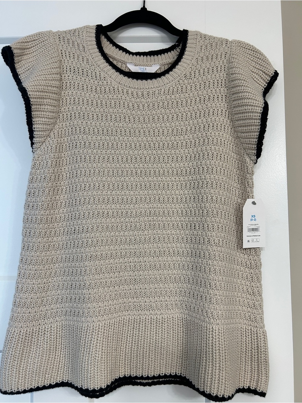 Time and Tru Beige Knit Sweater with Black Trim